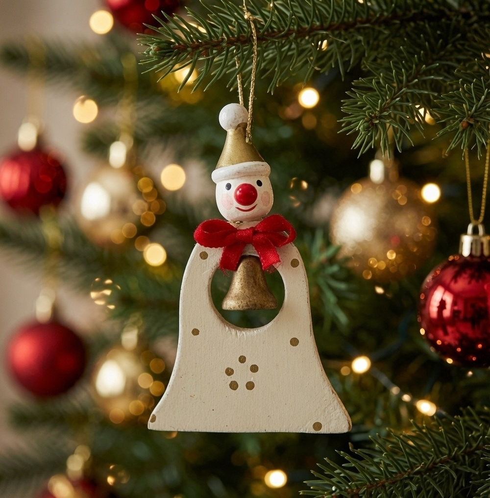 Vintage Wooden Christmas Bell Ornament Snowman 3" Multicolor Collectible Rare VG